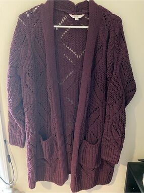 Terra & Sky Open-Front Diamond Knit Cardigan - Purple/Red